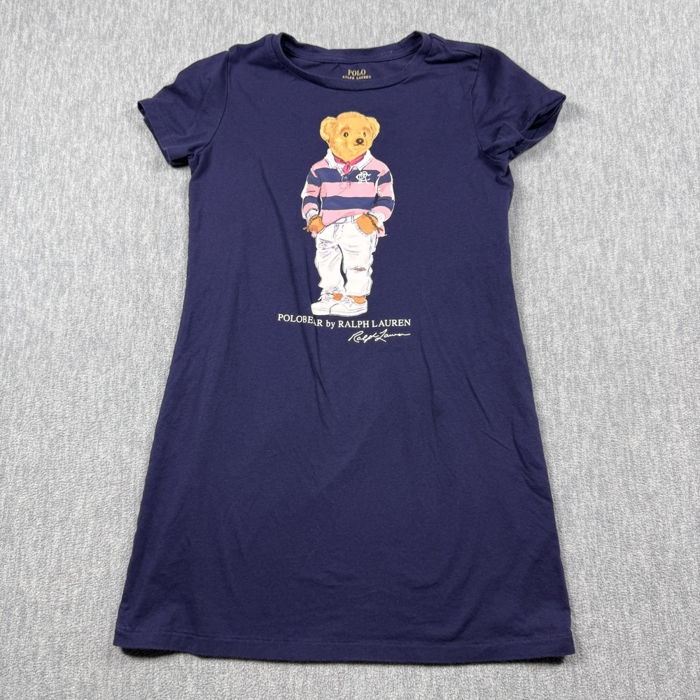 Polo Ralph Lauren Dress Girls S 7 Navy Blue Polo Bear Rugby Stripe Jersey Cotton